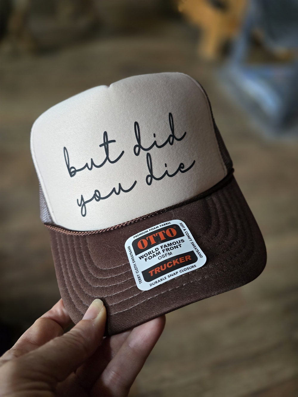 OTTO Trucker Hat in Cream Front and Brown Brim with Script Text